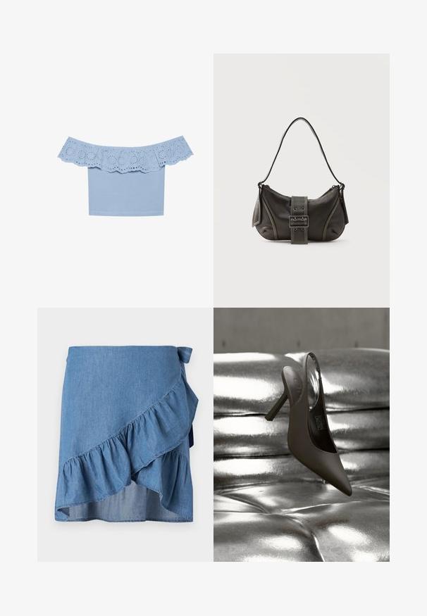 Haut bleu clair sans manches avec un col à volants comportant des découpes œillets. Tissu lisse avec un design ajusté.; Jupe portefeuille en denim bleu clair, avec un ourlet à volants et un détail à nouer à la taille. Texture lisse et silhouette fluide.; Chaussure à talon haut noire à bout pointu et bride arrière reposant sur une surface capitonnée argentée brillante et métallique.; Sac à épaule en cuir noir avec une sangle à boucle, des bords arrondis et des coutures blanches contrastées sur un fond uni.