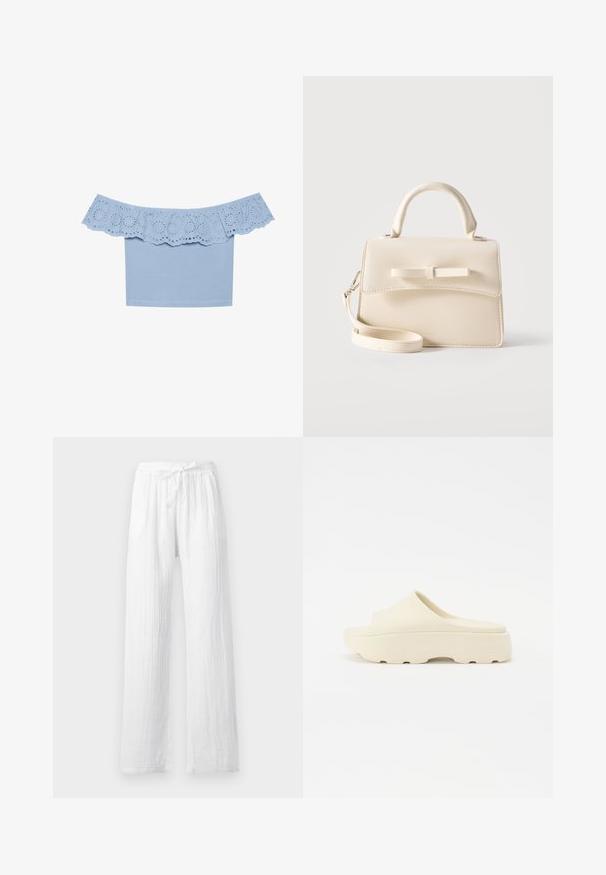 Blusa azul claro sin mangas con escote de volantes y recortes de ojal. Tejido suave con un diseño de cuerpo ajustado.; Pantalones blancos ligeros de lino con cintura ajustable mediante cordón y corte de pierna recta, mostrados sobre un fondo liso.; Sandalia beige sin correa con una superficie lisa similar al caucho, puntera redondeada, suela gruesa y fondo texturizado para un mejor agarre. Diseño minimalista.; Pequeño bolso beige con asa superior, correa desmontable, solapa frontal y lazo decorativo horizontal sobre un fondo liso.