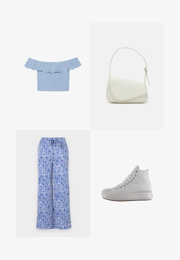 Lyseblå off-the-shoulder top med rynket kanter og øjebliksudskæringer. Glat stof med en tætsiddende design.; Blå mønstrede brede bukser med snøre i livet, lavet af letvægtsstof med hvide abstrakte linjemønstre.; Hvid højt canvas sneaksko med hvide snørebånd, metaløjer, tyk gummisål og tekstureret tåhætte, vendt mod venstre på en hvid baggrund.; Hvid taske i faux læder med en struktureret trekantet form, enkelt justerbart skulderstrop og en flaplås med kurver.