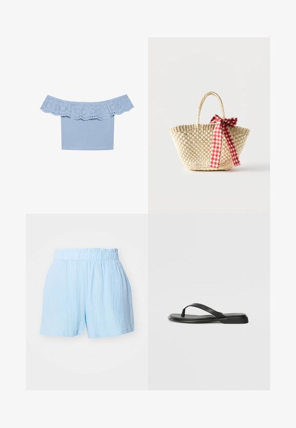 Lyseblå off-the-shoulder top med rynket kanter og øjebliksudskæringer. Glat stof med en tætsiddende design.; Lyseblå teksturerede shorts med elastisk indsamlingslinning og afslappet pasform.; Sorte flip-flops lavet af glat læder, med et tyndt remdesign og en flad sål med et minimalt profil. Ingen bemærkelsesværdige mønstre eller accenter.; Flettet stråtaske med fletninger til håndtagene og et rødt og hvidternet bånd bundet som en sløjfe på den ene side.