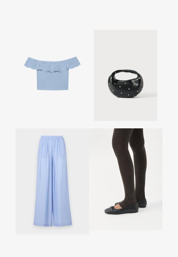 Haut bleu clair sans manches avec un col à volants comportant des découpes œillets. Tissu lisse avec un design ajusté.; Pantalons larges bleu clair en tissu texturé, avec une taille élastique et deux poches latérales.; Jambes portant des leggings côtelés foncés associés à des ballerines noires avec de petits détails en nœud sur fond blanc.; Sac à main en cuir noir de forme arrondie, décoré de clous argentés et équipé d'une poignée courte. Texture lisse et fermeture éclair.