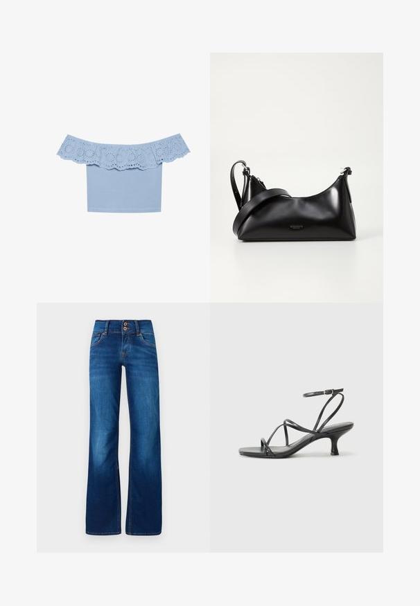 Blusa azul claro sin mangas con escote de volantes y recortes de ojal. Tejido suave con un diseño de cuerpo ajustado.; Jeans de pernera ancha en denim azul, con dos botones frontales, costuras naranjas y una textura suave. Diseño clásico de cinco bolsillos.; Sandalias negras de tacón con tiras finas, diseño de punta abierta y un pequeño tacón acampanado. El material parece suave y brillante.; Bolso de mano de cuero negro con una textura suave. Cuenta con una correa ajustable y un diseño elegante y minimalista con cierre de cremallera.