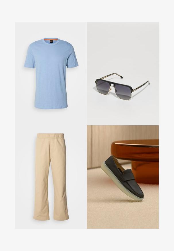 Hellblaues T-Shirt mit kurzen Ärmeln aus weichem Material. Es verfügt über einen Rundhalsausschnitt und ein dezentes, eingeprägtes Logo auf der Brust.; Beige weite Hose mit elastischem Bund, aus glattem Baumwollstoff, mit Seitentaschen und gerader Silhouette.; Schwarzer Lederloafer mit dicker weißer Sohle, dargestellt auf beigem Teppich neben einem runden, bernsteinfarbenen Tisch.; BOSS Sonnenbrille - black/gold-coloured