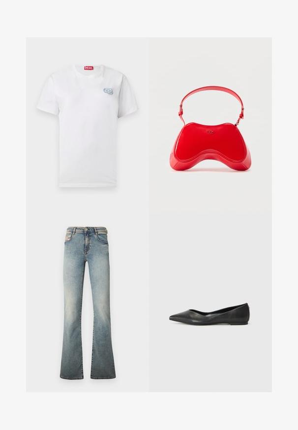 Weißes T-Shirt mit kurzem Arm und Rundhalsausschnitt, mit einem kleinen blauen abstrakten Logo auf der linken Brust und einem roten Diesel-Label im Krageninnenseite.; Hellblaue Jeans mit ausgestelltem Bein aus Denim, mit fünf Taschen, einem Knopfverschluss und dezentem Verblassen an den Beinen.; Schwarze Leder-Ballerinas mit spitzem Zehenbereich, niedrigem Absatz und glatter Textur. Minimalistisches Design mit einem dezenten seitlichen Akzent.; Rote Lackledertasche mit geschwungener, ergonomischer Form, ausgestattet mit einem dünnen, verstellbaren Riemen und einem dezenten Logo-Akzent auf der Vorderseite.
