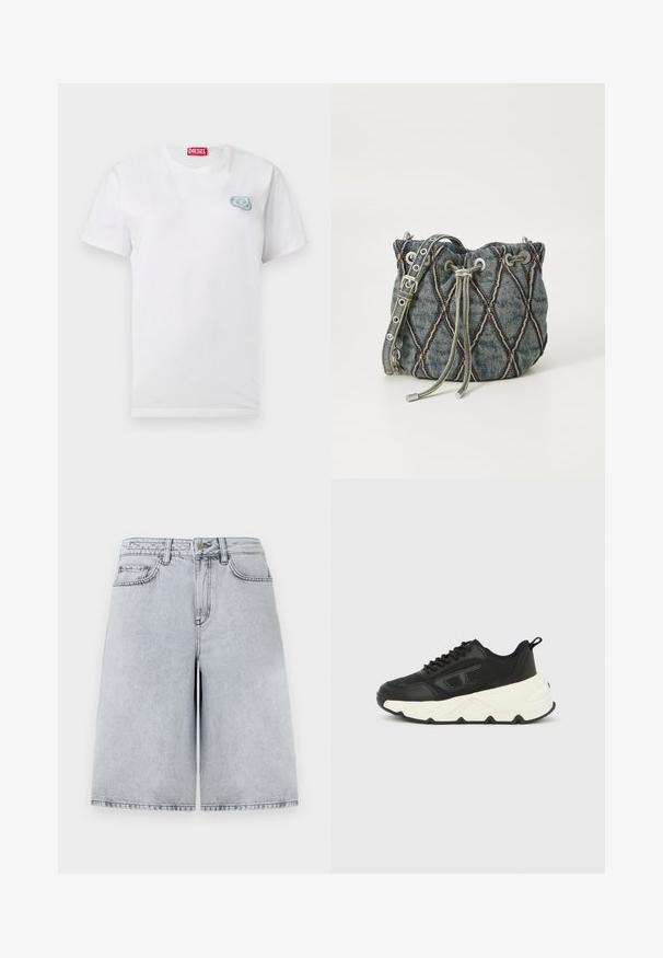 Wit T-shirt met korte mouwen en ronde hals, met een klein blauw abstract logo op de linkerborst en een rood Diesel-label aan de binnenkant van de kraag.; Lichtgrijze denim shorts met een ontspannen pasvorm, met een hoge taille, vijf zakken en een rechte snit. Strakke, minimalistische stikdetails.; Zwart sneaker met dikke witte zool, tonale logo aan de zijkant, veters aan de voorkant en een lus aan de hiel, weergegeven in zijaanzicht links op een lichte achtergrond.; Denim emmer tas met een diamant-quilt patroon, grijze trekkoordsluiting, zilveren hardware accenten en een zachte textuur, met een afneembare schouderband.