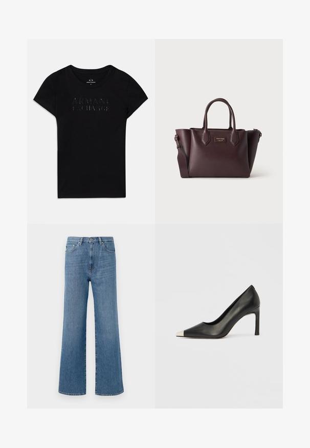 Čierne bavlnené tričko s krátkymi rukávmi, so zvýšeným, lesklým textom "ARMANI EXCHANGE" na prednej strane. Jednoduchý, klasický dizajn.; Svetlomodré džíny s širokými nohavicami a vysokým pásom, so zapínaním na prednej strane, piatimi vreckami a čistým lemovaním.; Čierna kožená lodička s vysokým opätkom, špičkou a kovovou striebornou špičkou. Má hladký povrch a štíhly 10 cm opätok.; Tmavohnedá kožená kabelka so dvoma hornými rukoväťami, odnímateľným ramenným popruhom a malou obdĺžnikovou zlatou logovou tabuľkou vpredu.