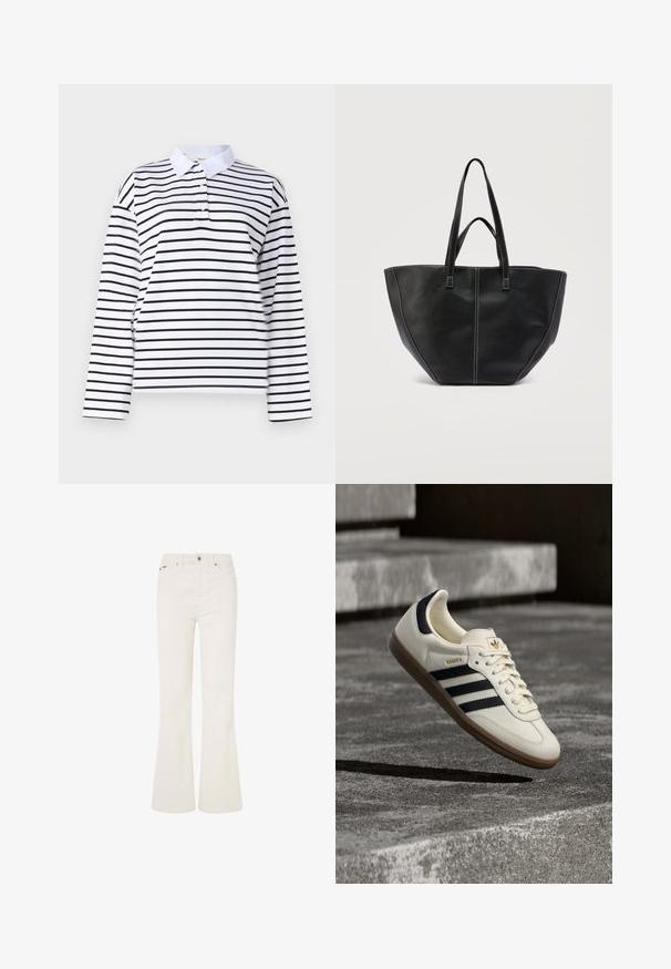 Hvid langærmet polo t-shirt med horisontale sorte striber, klassisk krave og to knapstolper. Glat bomuldsstof.; Hvide flared jeans lavet af bomuldsblandingsmateriale. Har fem lommer, en frontknaplukning og synlig syning langs sømmene.; Hvid Adidas Samba sneaker med sorte striber og gummsål, svævende over teksturerede grå betonstrin.; Sort lædertaske med to håndtag og kontrastfuld hvid syning, med en bred, struktureret form og detaljer med central søm.