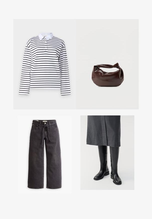 Chemise polo à manches longues blanches avec des rayures horizontales noires, un col classique et un plastron à deux boutons. Tissu en coton lisse.; Jeans larges noirs en jean, dotés d'une taille à cordon de serrage, de cinq poches et de détails de couture contrastés. Design à l'avant plat.; Bottes en cuir noir montantes jusqu'aux genoux, avec une texture lisse, des fermetures éclair sur le côté et une semelle plate. Les bottes présentent un tige structurée et un matériel minimal.; Sac bandoulière en cuir marron foncé avec une forme souple et décontractée et une anse nouée torsadée sur un fond blanc uni.