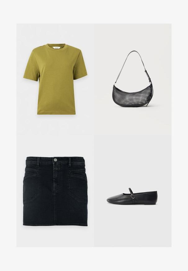 T-shirt olive à manches courtes et col rond avec un ourlet droit, présenté sur un fond gris clair.; Mini-jupe en denim foncé avec une coupe ajustée, un design à cinq poches et une fermeture avant à boutons. Présente des détails de couture subtils et une texture lisse.; Ballerines noires en cuir avec un bout pointu, une semelle plate et une petite sangle avec un détail de boucle en argent.; Petit sac d'épaule noir en mesh en forme de croissant avec une lanière fine réglable, sur un fond clair uni.