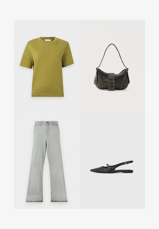 T-shirt olive à manches courtes et col rond avec un ourlet droit, présenté sur un fond gris clair.; Jean évasé gris clair en denim, doté d'une fermeture par bouton, d'une ceinture droite et d'une texture légèrement usée aux ourlets.; Chaussures slingback en cuir noir avec un bout pointu, comprenant une lanière étroite et un accent de boucle argentée sur le côté. Semelle plate.; Sac à épaule en cuir noir avec une sangle à boucle, des bords arrondis et des coutures blanches contrastées sur un fond uni.
