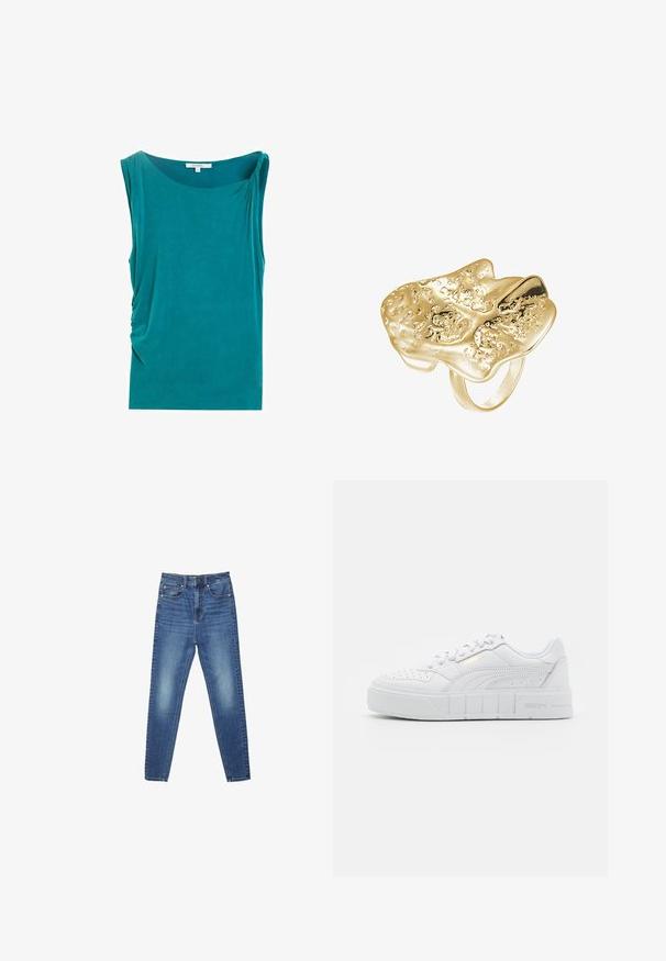 Teal ærmeløs kvindetop med draperet halsudskæring og subtil sidesamling, størrelse small, mærket Scalpers.; Blå high-waist slim-fit denimjeans med lommer foran og bagpå, knaplukning og diskrete falmede detaljer på lår og knæ.; Hvide lavtop sneakers med perforerede detaljer, en tekstureret gummisål og subtile guldfarvede accenter på side-logoet. Glat syntetisk materiale.; Guldtonet metalring med et abstrakt, struktureret bladdesign. Har en uregelmæssig form med en poleret finish og en glat ring.
