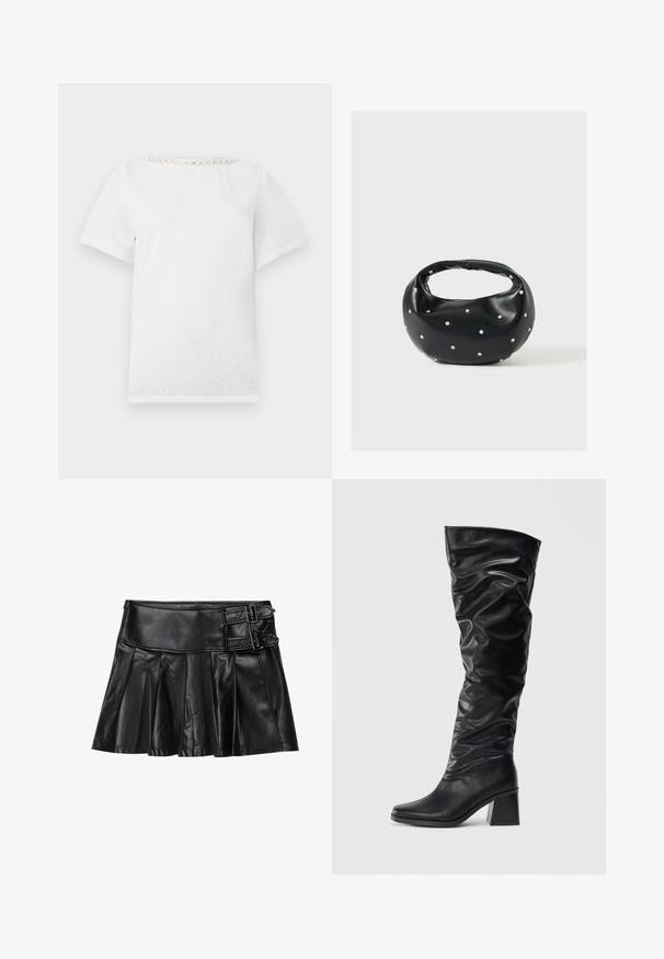 Camiseta blanca de manga corta con cuello redondo que presenta una fila de perlas decorativas a lo largo del cuello.; Falda de cuero negro con pliegues, cinturilla ancha y dos hebillas en el lateral. Textura suave con un acabado brillante.; Botas negras hasta la rodilla hechas de cuero brillante con un diseño arrugado, puntera afilada y un tacón grueso. Textura suave con un brillo sutil.; Bolso de mano de cuero negro con forma redondeada, decorado con detalles de tachuelas plateadas y un asa corta. Textura lisa y cierre con cremallera.