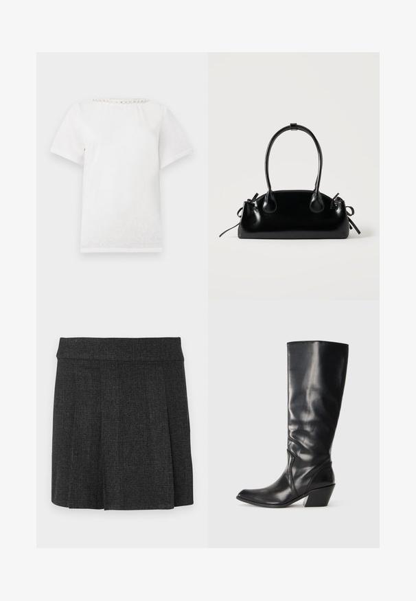 T-shirt blanc à manches courtes avec un col rond orné d'une rangée de perles décoratives le long du col.; Jupe noire plissée en tissu texturé. Ceinture mi-haute avec des lignes épurées. Coupe classique adaptée à diverses occasions.; Botte en cuir noir montante jusqu'au genou avec un bout pointu, un talon angulaire et une texture lisse. Présente une subtile couture sur le côté.; Petit sac à main noir brillant avec deux longues anses et des détails à cordon sur les côtés sur un fond clair uni.