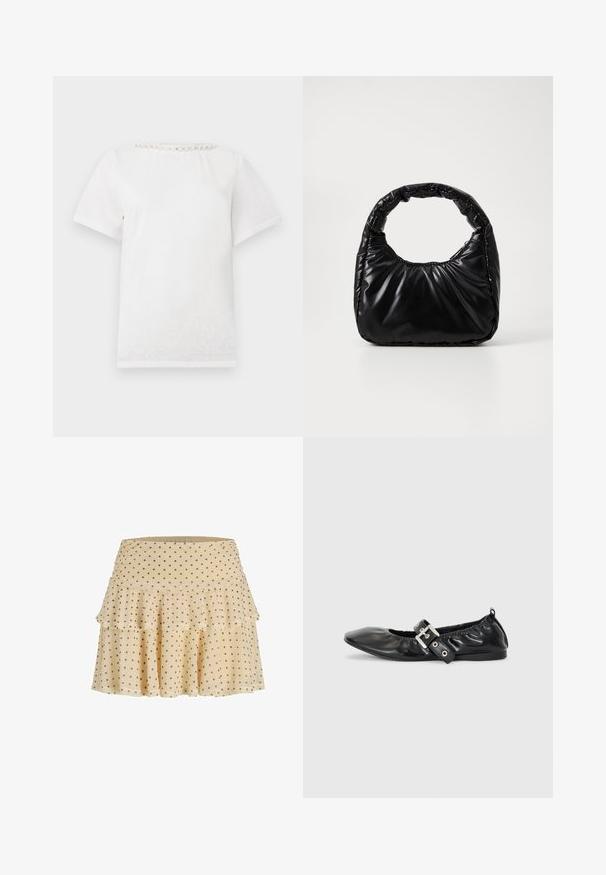 T-shirt blanc à manches courtes avec un col rond orné d'une rangée de perles décoratives le long du col.; Jupe beige à volants avec des pois marron, ourlet évasé et taille froncée.; Chaussure plate en cuir noir avec un nez pointu, des détails froncés autour de l'ouverture et un accent en boucle argentée sur la bride ajustable.; Sac à main noir rembourré avec une poignée arrondie, présentant une surface lisse et brillante ainsi qu'une texture douce et matelassée. Pas de quincaillerie ou d'accents visibles.