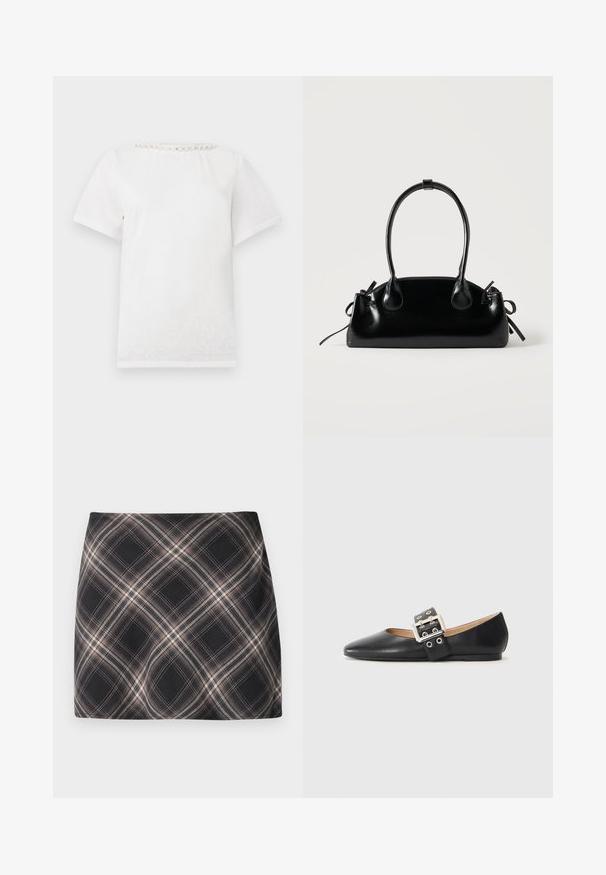 T-shirt blanc à manches courtes avec un col rond orné d'une rangée de perles décoratives le long du col.; Jupe mini à carreaux noir et beige avec un motif à checks diagonal, taille ajustée et texture de tissu lisse.; Chaussure plate en cuir noir avec un bout pointu et une bride décorative à boucle équipée de ferrures argentées et de petites découpes.; Petit sac à main noir brillant avec deux longues anses et des détails à cordon sur les côtés sur un fond clair uni.