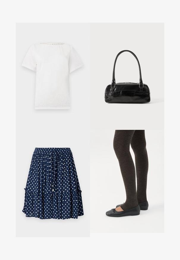 Witte T-shirt met korte mouwen en een ronde halslijn, voorzien van een rij decoratieve parels langs de kraag.; Marineblauwe rok met witte stippen, met een ruches zoom en een elastische tailleband met een trekkoord voor een verstelbare pasvorm.; Benen met donkere geribbelde leggings gecombineerd met zwarte ballerina's met kleine strikdetails op een witte achtergrond.; Zwarte leren handtas met een rechthoekige vorm, voorzien van een enkele gestructureerde handgreep, zilveren hardware en ritsluiting. Gladde textuur.