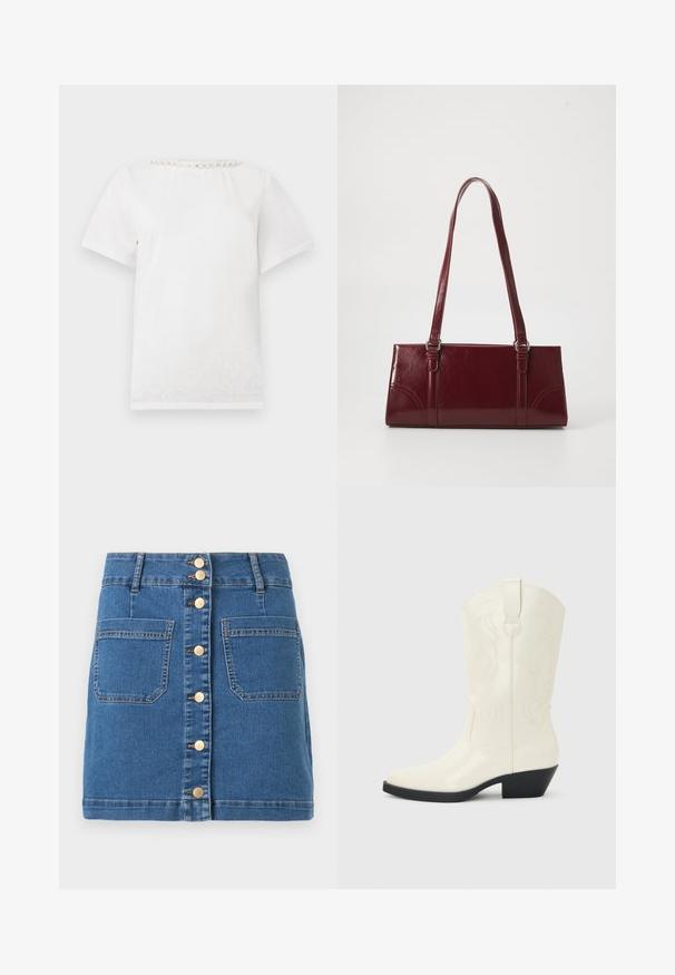 T-shirt blanc à manches courtes avec un col rond orné d'une rangée de perles décoratives le long du col.; Mini-jupe en denim bleu avec fermeture à boutons sur le devant et deux grandes poches plaquées, dotée de passants de ceinture et de coutures contrastantes.; Botte blanche de style western mi-mollet avec bout pointu, talon empilé noir, coutures décoratives et languette de tirage sur la tige.; Sac à main bordeaux en matériau brillant, de forme rectangulaire, avec deux anses et des accents légèrement courbés à l'avant.
