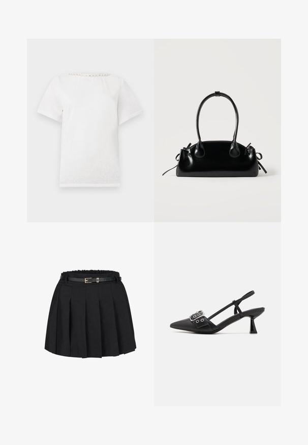 Camiseta blanca de manga corta con cuello redondo que presenta una fila de perlas decorativas a lo largo del cuello.; Falda plisada negra con cintura elástica recogida y un cinturón negro delgado con una hebilla en tono dorado. Hecha de tejido tejido.; Simmi London DALA - Tacones - black; Pequeño bolso negro brillante con dos asas largas y detalles de cordón lateral sobre un fondo claro liso.