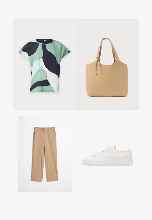 Korteblouse met abstracte groene, zwarte, witte en lichtblauwe vormen op een grijze achtergrond.; Beige katoenen broek met rechte pijpen, een knoopsluiting aan de voorkant en een gladde textuur. Voorzien van standaard riemlussen en een platte voorkant.; Witte canvas sneaker met ronde neus, zes oogjes voor veters, structuur rubberen zool en subtiele stikdetails langs de zijkanten.; Beige draagtas gemaakt van glad leer, met twee stevige handvatten en gouden sierdelen, voorzien van een verstelbaar trekkoord detail.