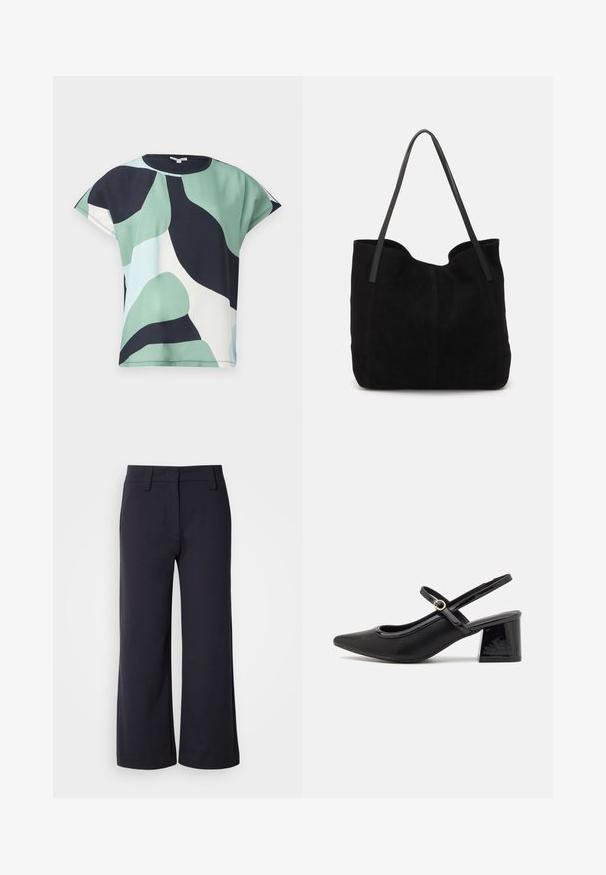 Korteblouse met abstracte groene, zwarte, witte en lichtblauwe vormen op een grijze achtergrond.; Wijd-zittende broek in donkerblauwe stof. Heeft een vlakke voorkant, riemlussen en zijzakken. Het materiaal is glad met een lichte stretch.; Zwarte gepolijste leren slingback hakken met een spitse neus, een ronde uitsnede en een blokhak. Voorzien van een gouden gespaccent.; Zwarte suede tote bag met twee lange, platte leren handvatten. Heeft een gebogen bovenrand en zichtbare stiksels aan de voorkant. Geen hardware-accenten.