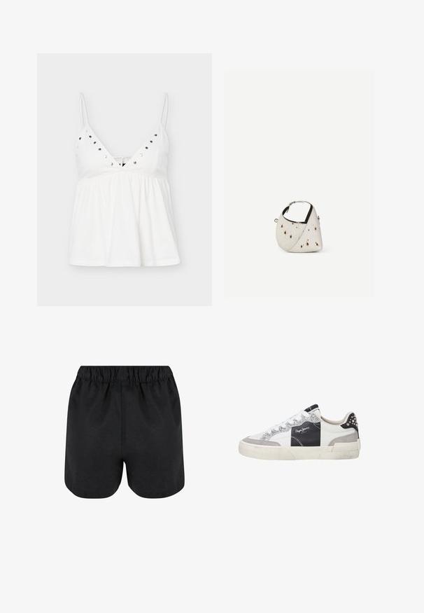 Top blanc sans manches pour femme avec fines bretelles, encolure en V, clous argentés le long de l'encolure et taille froncée et ample.; Shorts noirs avec une taille élastique. Tissu doux, design simple et ourlet légèrement arrondi en bas. Pas de motifs ou de logos visibles.; Baskets blanches avec des panneaux noirs et gris, accents de paillettes sur les côtés et détails cloutés sur le talon. Semelle en caoutchouc, design à lacets.; Petit sac à main blanc avec des taches marron, forme triangulaire arrondie, doublure intérieure noire et bandoulière courte réglable avec boucle argentée.