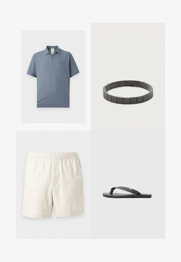 Modré polo tričko s krátkym rukávom, golierom, výstrihom do V a malým logom Calvin Klein na ľavej strane hrudníka.; Krémové neformálne šortky s elastickým pásom, rovnými nohavicami a hladkou textúrou látky.; Čierne šľapky s textúrovanými popruhmi, plochou podrážkou a zúbkovaným okrajom. Vyrobené z gumy s hladkým povrchom a minimalistickým dizajnom.; Čierny elastický náramok z segmentovaných obdĺžnikových korálkov. Korálky majú hladkú textúru a lesklý povrch, čo vytvára jednotný vzhľad.