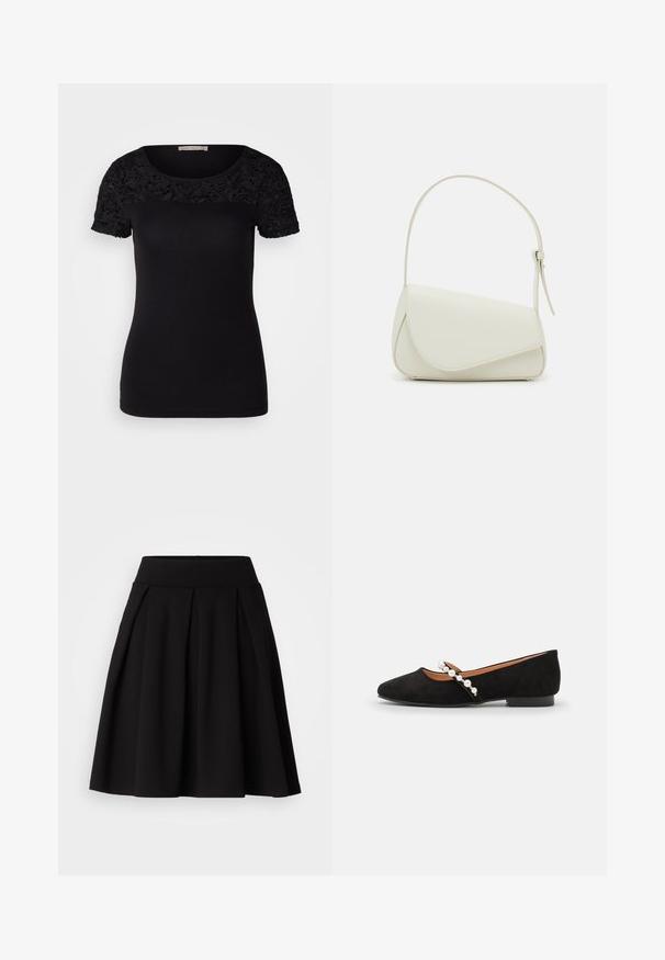 T-shirt noir à manches courtes avec une empiècement en dentelle florale et un tissu lisse. Présente un col rond et une coupe ajustée. Le détail en dentelle ajoute de la texture.; Jupe plissée noire en tissu doux, dotée d'une taille haute et d'une forme évasée en A, adaptée à diverses occasions.; Ballerines en velours noir à bout pointu, dotées d'une strap décorative ornée de perles blanches et d'un petit talon.; Sac à main en cuir synthétique blanc avec une forme triangulaire structurée, une bandoulière unique réglable et un rabat à courbes accentuées.