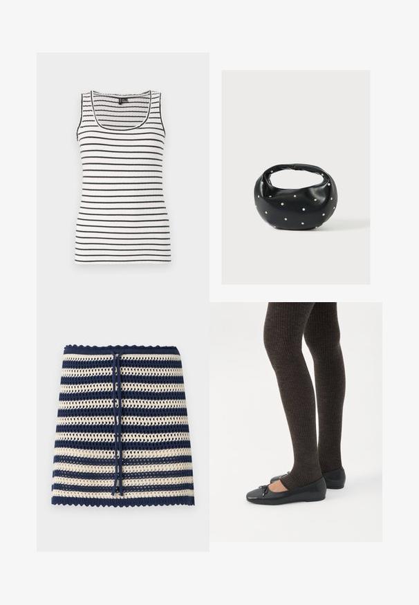 Débardeur à rayures noires et blanches horizontales. Doté d'un encolure dégagée et de bretelles fines. Tissu doux et extensible.; Jupe tricotée à rayures horizontales bleu marine et crème, bords festonnés et lien à cordon bleu marine à la taille.; Jambes portant des leggings côtelés foncés associés à des ballerines noires avec de petits détails en nœud sur fond blanc.; Sac à main en cuir noir de forme arrondie, décoré de clous argentés et équipé d'une poignée courte. Texture lisse et fermeture éclair.