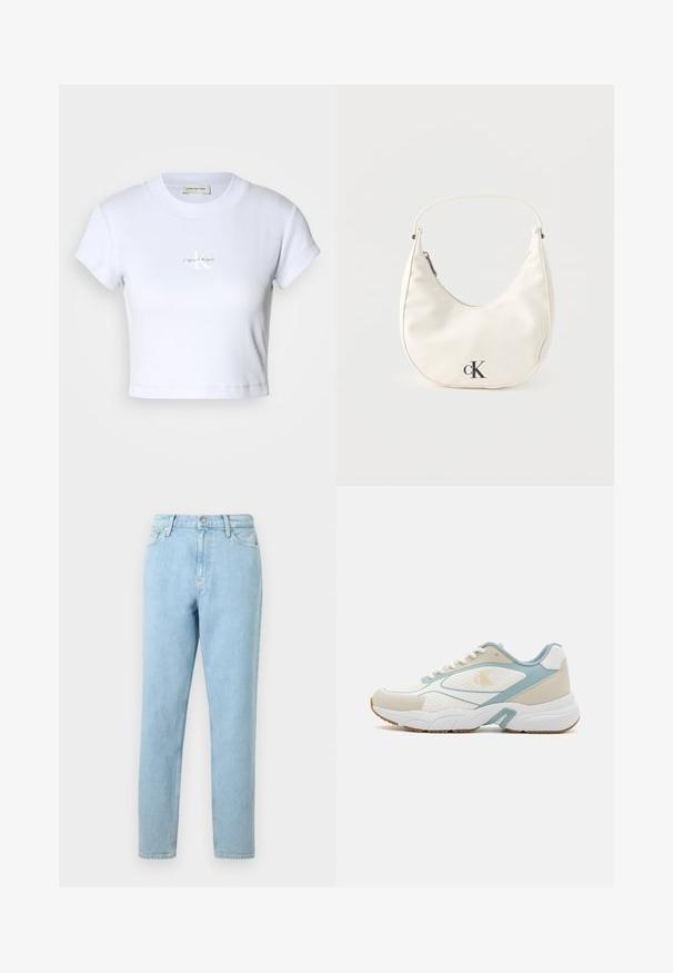 Camiseta blanca corta con cuello redondo y mangas cortas, que presenta un sutil logotipo de "Calvin Klein" en el centro.; Pantalones vaqueros de denim azul claro con un corte recto, diseño de cinco bolsillos y cierre de botones. Presentan un ligero desvanecimiento y una textura suave.; Zapatilla blanca y azul claro con materiales de malla y sintéticos, que cuenta con una suela texturizada, forma redondeada y acentos con patrones.; Pequeño bolso blanco en forma de media luna con correa corta, cierre de cremallera y logo negro "cK" en el frente.