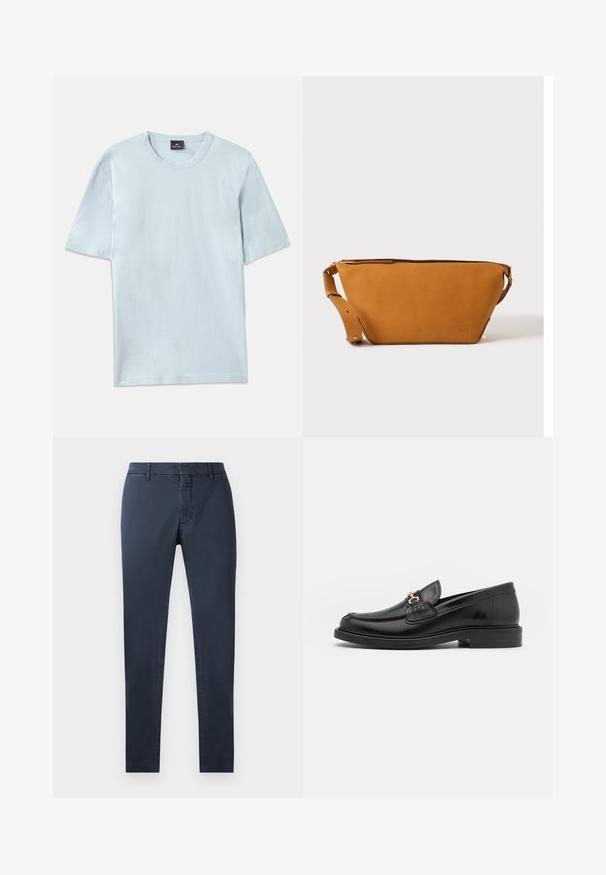 Lys blå bomuld t-shirt med rund hals og korte ærmer. Stoffet har en glat overflade og en afslappet pasform.; Mørkeblå bukser med slim fit, lavet af en blanding af bomuldsstof. Har standard talje, frontlynlås og sidelommer.; Sorte læder loafers med en rund tå, der har guld hardware accent og syningsdetaljer, placeret på en lav, tekstureret gummisål.; Lys brun læder crossbody taske med justerbar rem og lynlås, vist mod en ensartet lys baggrund.