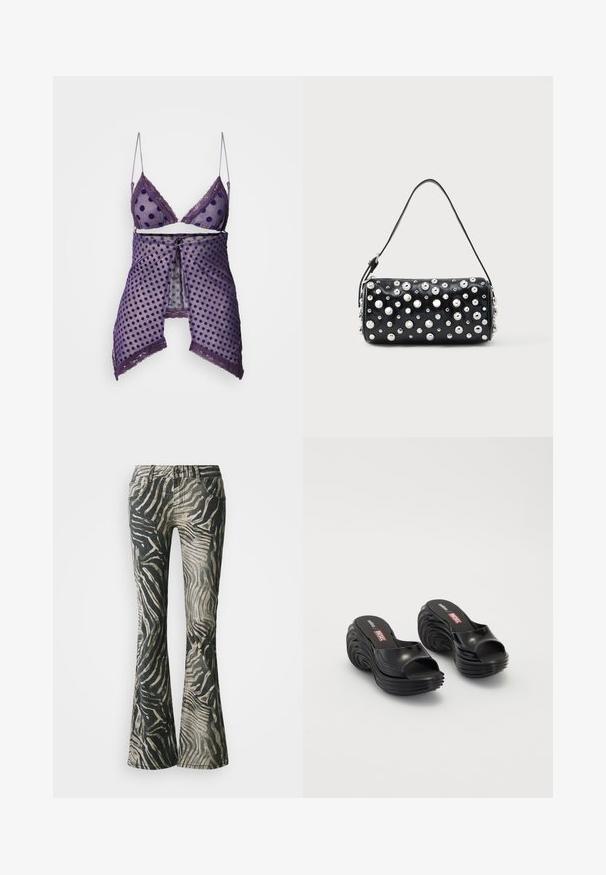 Ensemble de lingerie à pois violets avec tissu en maille transparente, bordure en dentelle et bretelles ajustables ; comprend un cache-cœur assorti avec un nœud devant.; Jean évasés avec un motif zèbre noir et beige, en denim, dotés d'un design à cinq poches et de détails de couture visibles.; Melissa MELISSA QUANTUM PLATFORM X DIESEL AD - Sandales de bain - black; Sac à main en cuir noir à forme arrondie, orné de clous argentés. Comprend une bandoulière amovible et une fermeture éclair. Texture lisse.