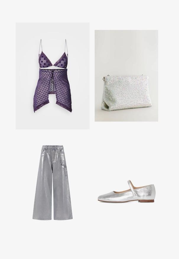 Lilla undertøjsæt med polkaprikker i gennemsigtigt meshstof, blondedetaljer og justerbare stropper; inkluderer en matchende omslagsdel med bånd foran.; Sølvmetallic brede ben jeans med høj talje, med lommer og en sommerfugleprint detalje på venstre lår. Strukturéret glansfinish.; Sølvmetallic flad sandal med afrundet tå, justerbar rem og en lille hæl. Glat tekstur og klassisk design.; Sølv clutchtaske dækket af små iriserende rhinsten. Har lynlåslukning og en struktureret form med en flad bund.