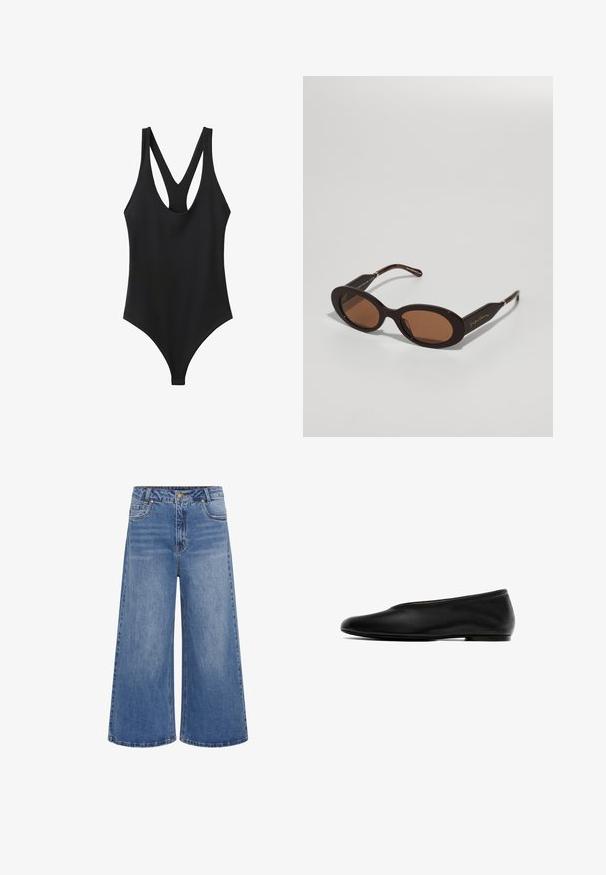 Schwarzer ärmelloser Body mit rundem Halsausschnitt und Racerback-Trägern, dargestellt auf weißem Hintergrund.; Weite blaue Denim-Jeans mit hoher Taille, ausgestattet mit einem Knopfverschluss, fünf Taschen und dezenten Auswaschungen. Gekettelter Saum mit klassischem Design.; Schwarzer flacher Schuh mit glattem Leder außen, abgerundeter Zehenpartie, niedrigem Profil, minimaler Verzierung und flexiblem Sohlenmaterial.; Giorgio Armani Sonnenbrille - brown