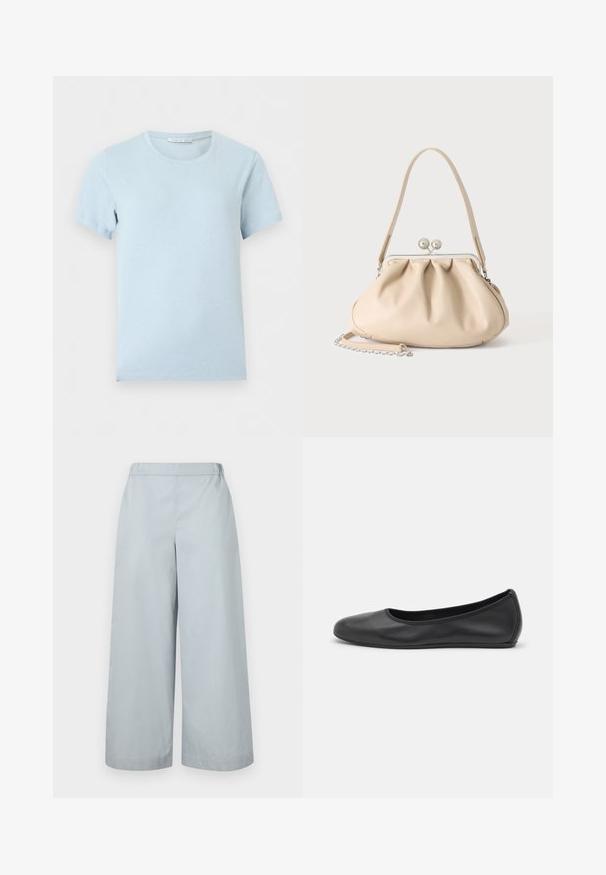 Lichtblauw T-shirt met korte mouwen en ronde hals met een zichtbaar merkembleem binnenin de kraag tegen een effen achtergrond.; MM by MaxMara ANTILLE - Broek - light blue; Zwarte leren ballerina met een ronde neus, gladde textuur, minimale stikdetails en een flexibele zoolontwerp.; Beige zachte leren handtas met een zilveren metalen frame sluiting, een enkele schouderriem en een optionele kettingriem op een witte achtergrond.