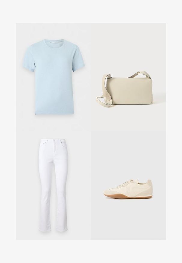 Hellblaues T-Shirt mit kurzen Ärmeln und Rundhalsausschnitt mit sichtbarem Markenlabel im Kragen vor einfarbigem Hintergrund.; Weiße Denim-Jeans mit weitem Bein, hoher Taille, vier Taschen und einer Knopfverschluss vorne. Sie verfügen über eine glatte Textur und saubere Säume.; Hellbeige Sneaker mit strukturiertem Lederupper, strukturierten seitlichen Einsätzen und einer Gummisohle. Verfügt über ein schlankes, stromlinienförmiges Design und flache Schnürsenkel.; Helleleder-Schultertasche in Cremefarbe mit verstellbarem Tragegurt und Klappenverschluss, vor einem schlichten weißen Hintergrund.