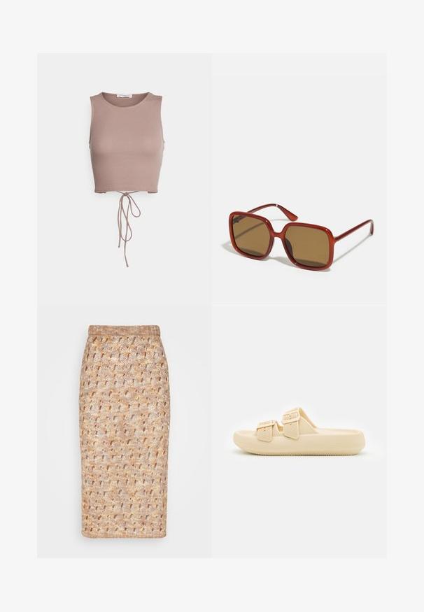 Even&Odd by Zalando Top - taupe; The Ragged Priest RUINS SKIRT - Pencil skirt - multi; Beige slip-on sandal med tekstureret overdel, justerbare spænder og en tyk, polstret sål. Letvægtsdesign velegnet til afslappet brug.; Røde firkantede solbriller med brune tonede linser. Tykk, blank ramme og smalle stænger med små detaljer på siden for visuel interesse.