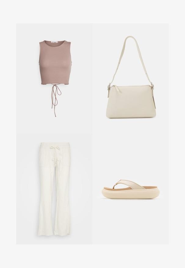Even&Odd by Zalando Top - taupe; Linnenmix, crèmekleurige broek met een uitlopende ontwerp. Heeft een elastische tailleband, koordsluiting en twee voorzakken.; Beige slippersandalen met een brede teband en een dikke, ronde zool. Beschikt over een glad bovenmateriaal en een contrasterend bruine voetbed.; Beige schoudertas van glad leer met een ritsluiting. Kenmerkt zich door een eenvoudig ontwerp, een slanke schouderband en metalen hardwareaccenten.