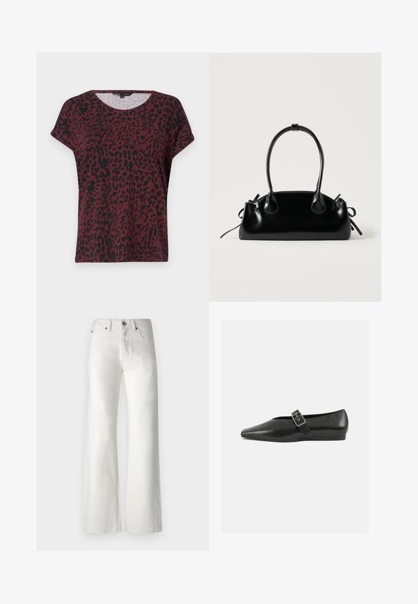 Bordeauxfarbenes T-Shirt mit schwarzem Leopardenmuster, runder Ausschnitt, kurze Ärmel, lockere Passform, weicher Stoff, minimale Nähdetails.; Weiße, weit geschnittene Jeans aus Denim. Merkmale sind eine hohe Taille, ein Fünf-Taschen-Design und dezente Nähte entlang der Nähte.; Schwarze Lederflachschuhe mit spitzem Zehenbereich, ausgestattet mit einem metallischen Riemen über dem Spann und einer niedrigen, flexiblen Sohle.; Kleine schwarze glänzende Handtasche mit zwei langen Griffen und seitlichen Kordelzug-Details vor einfachem hellem Hintergrund.