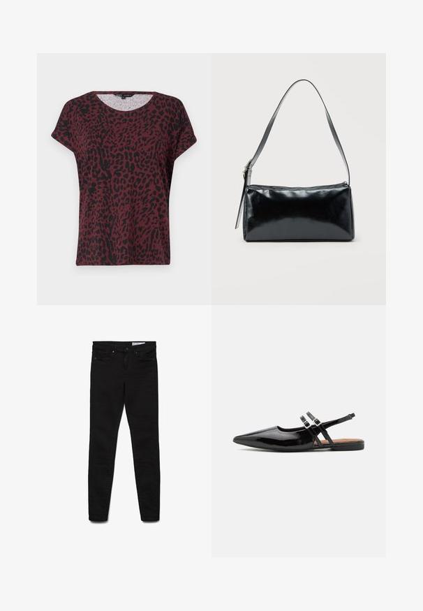 Bordeaux t-shirt met zwart luipaardprint, ronde hals, korte mouwen, relaxte pasvorm, zachte stoftextuur, minimale stikdetails.; Zwarte skinny jeans van denim stof, met een klassiek ontwerp met vijf zakken, een ritssluiting en subtiele stiksel details.; Zwarte gepatineerde leren slingback schoenen hebben een spitse neus, twee banden met gespsieraden en een platte zool.; Zwarte rechthoekige schoudertas met een enkele verstelbare band en een bovenste ritssluiting op een effen achtergrond.