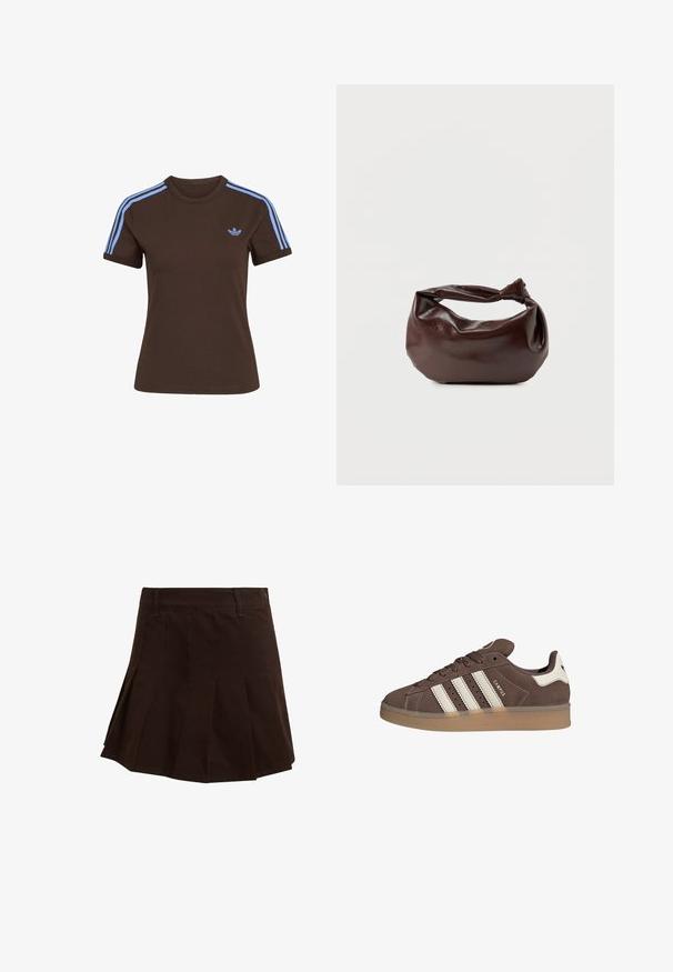 Camiseta marrón de manga corta con tres rayas azul claro en los hombros y pequeño logo de Adidas azul claro en el pecho izquierdo.; Falda plisada marrón hecha de algodón. Presenta una pretina con trabillas para cinturón y una textura suave. De longitud corta con pliegues entallados.; Zapatilla de ante marrón con detalles en cuero blanco y tres rayas blancas. Presenta una puntera redonda y una suela de goma. Logotipo en el lateral.; Bolso de hombro de cuero marrón oscuro con una forma suave y caída, y un asa con nudo torcido sobre un fondo blanco liso.