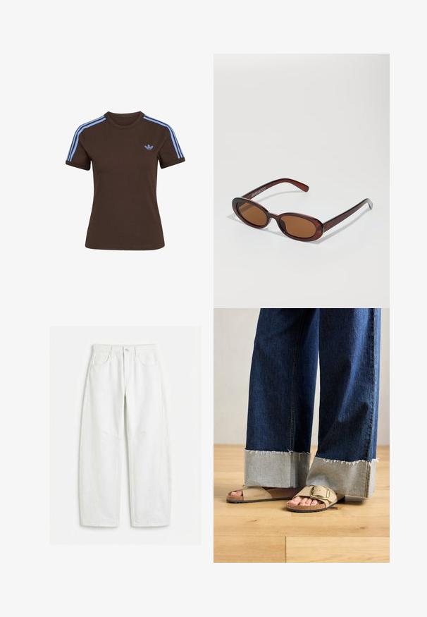 Camiseta marrón de manga corta con tres rayas azul claro en los hombros y pequeño logo de Adidas azul claro en el pecho izquierdo.; Vaqueros blancos de pierna recta con bolsillos delanteros, trabillas para cinturón, cierre de botón y costuras visibles.; Pies con sandalias Birkenstock beige con hebillas de oro, combinadas con jeans de mezclilla azul oscuro enrollados en los puños, de pie sobre un suelo de madera.; Gafas de sol redondas con tinte marrón y un marco burdeos brillante. Patillas delgadas con un sutil detalle de marca. Diseño de lentes planos.