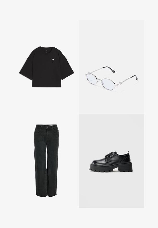 Camiseta de algodón negra con mangas cortas anchas y cuello redondo clásico. Presenta un pequeño logo blanco de Puma en el área izquierda del pecho.; Jeans de corte ancho en negro, confeccionados en denim, con un diseño clásico de cinco bolsillos y una cremallera con cierre de botón. Textura suave.; Zapatos de cuero negro con puntera redondeada, diseño de cordones y suela de goma gruesa con surcos profundos. Detalles de costura simple a lo largo de los bordes.; Gafas ovaladas de metal plateado con lentes transparentes, que cuentan con acentos decorativos en los laterales y puntas negras en las patillas para mayor agarre y comodidad.