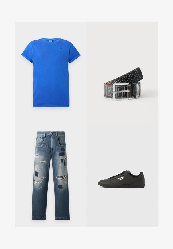 Blaues T-Shirt mit kurzen Ärmeln aus Baumwolle und Rundhalsausschnitt. Mit umgeschlagenen Ärmeln und einem kleinen Logo in dunklerem Blau auf der Brust.; Jeans aus Denim mit abgenutzten Flicken und verschiedenen Blautönen, im geraden Schnitt und mit klassischem Fünf-Taschen-Design.; Schwarze Sneakers aus synthetischem Material mit einer strukturierten schwarzen Sohle, rundem Zehenbereich und flachen schwarzen Schnürsenkeln. Auffälliges weißes Logo auf der Außenseite.; Schwarzer Diesel-Gürtel mit großem weißen Logotext, rechteckiger silberner Schnalle und gebrandetem Metallschlaufen-Detail, aufgewickelt auf hellem Hintergrund.