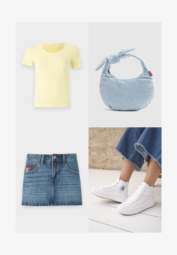 Lühikeste varrukatega kollane top, mis on ribakujuline, ümmarguse kaelusega ja keskel valge paelaga. Lainepiluga alumine äär.; Keskmise sinise värvi denim mini seelik, millel on pleekinud tekstuur, viis taskut ja punased õmblused. Omab nööbiga sulgemist ja vöölõikeid.; Isik kannab valgeid kõrge säärega Converse tossusid paksude talladega ning lühendatud äärega siniseid teksapükse telliskiviseina ja valge põranda taustal.; Hele sinine teksast õlakott, millel on sangal sõlme detail ja külje peal väike punane Levi's silt.