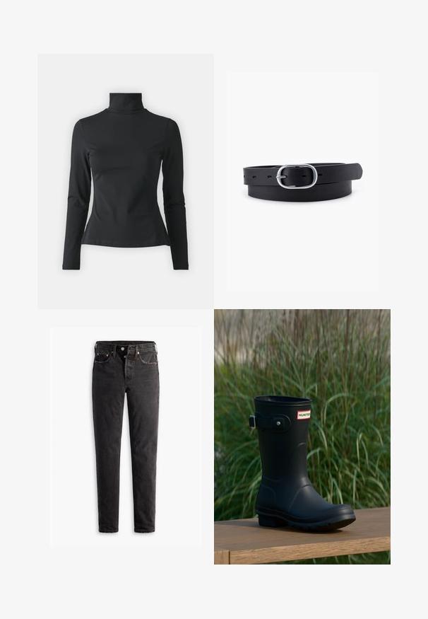 Even&Odd Petite Pikkade varrukatega topp - black; Mustad teksad sirge lõikega, viie taskuga, pronksist detailide ja kergelt kulunud tekstuuriga.; Musthave mustat kummikut, millel on läikiv viimistlus, hõbedast lukk ja logotempel. Tald on tekstureeritud, et tagada haarduvus.; Must musträbel mustra nahkrihm, millel on siledat tekstuuri, ovaalne hõbedane metallist pandla ja mitmed reguleerimisaugu rihma ääres. Lame, minimaalne disain.