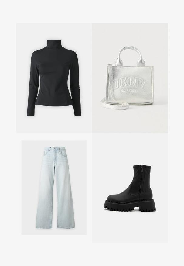 Even&Odd Petite Langærmet T-shirt - black; Lyseblå højhåndede vidde jeans med forreste knap og lynlås, forlommer og bæltestropper på hvid baggrund.; Sorte ankelstøvler lavet af mat syntetisk materiale, med en sidelukning, en chunky platformsål med tandskær og forstærkede sømme.; Lille metalklart sølv håndtaske med to håndtag, en aftagelig rem og et prægget "DKNY New York" logo foran.
