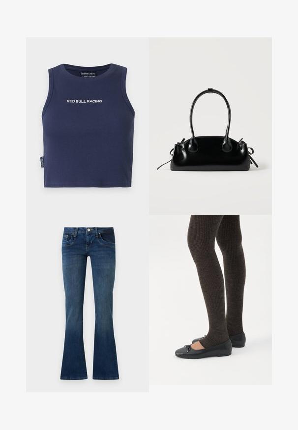 Haut court sans manches bleu marine avec "RED BULL RACING" brodé en blanc sur la poitrine, tissu côtelé et petite étiquette latérale.; Jean bootcut en denim bleu avec poches avant et fermeture par bouton, présenté sur un fond gris clair uni.; Jambes portant des leggings côtelés foncés associés à des ballerines noires avec de petits détails en nœud sur fond blanc.; Petit sac à main noir brillant avec deux longues anses et des détails à cordon sur les côtés sur un fond clair uni.