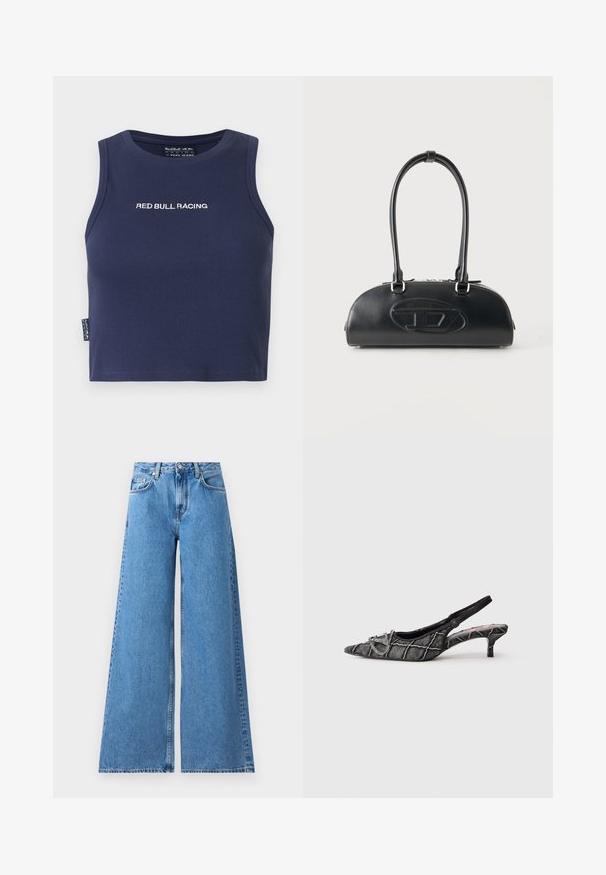 Mørkeblå, ærmeløs croptop med "RED BULL RACING" broderet i hvidt på brystet, ribstrikket stof og et lille sidebånd.; Vide ben blå denim jeans med høj talje, som har et klassisk fem-lomme design og syninger langs siderne for ekstra detalje.; Sort slingback kittenhæl med spids tå, tekstureret mønster og sølvspænde på hvid baggrund.; Sort læderhåndtaske med lange dobbelte håndtag og præget ovalt logo foran, vist mod en ensartet lys baggrund.