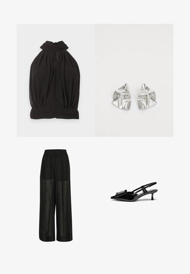 Schwarzes ärmelloses Neckholder-Top mit hohem, verdrehtem Ausschnitt und locker gesammeltem Oberteil auf weißem Hintergrund.; Schwarze weit geschnittene Hose aus transparentem Stoff, mit einem elastischen Bund und einem Kordelzug für eine verstellbare Passform und einer glatten Textur.; Schwarze Lackleder-Slingbacks mit spitzer Zehenpartie, einer Schleifendetail an der Vorderseite und einem kleinen Stiletto-Absatz. Die Riemen haben verstellbare Schnallen.; Silberne Metallohrringe mit einem wellenförmigen, skulpturalen Design, das eine polierte Oberfläche und unregelmäßige Formen aufweist, die eine zeitgenössische Ästhetik betonen.