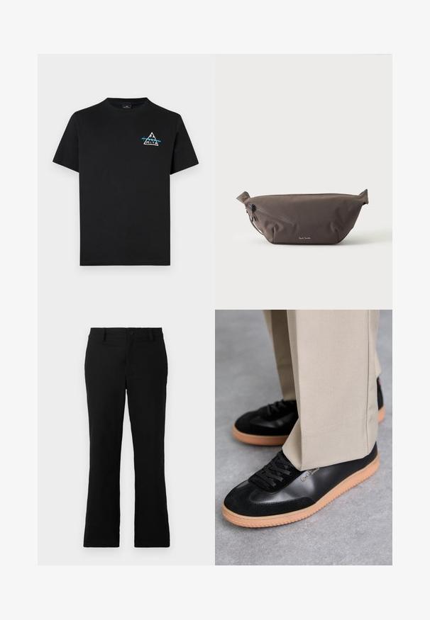 T-shirt en coton noir avec un graphique de montagne triangulaire en blanc et bleu, à manches courtes et col rond.; Pantalons évasés noirs en tissu mélangé coton, dotés d'une fermeture à bouton, de passants de ceinture et d'une texture lisse sans motifs visibles.; Paul Smith COMO - Baskets basses - black; Sac banane en tissu marron foncé avec poche zippée en diagonale et petit logo blanc sur le devant, sur un fond clair uni.